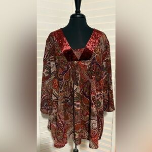 New Directions 3X Paisley Velvet Trim Women's Top